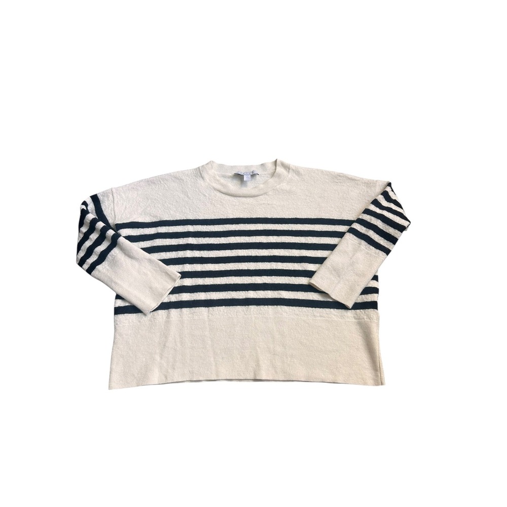 AYR Women Cream Navy Striped Merino Wool Blend Relaxed Cropped Sweater Small